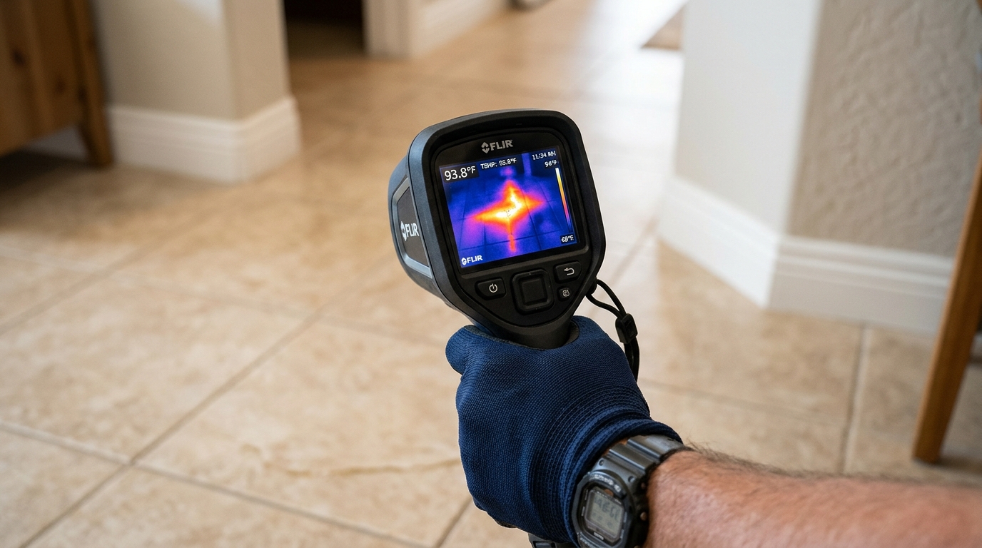 Thermal imaging camera detecting hot water slab leak underneath tile floor
