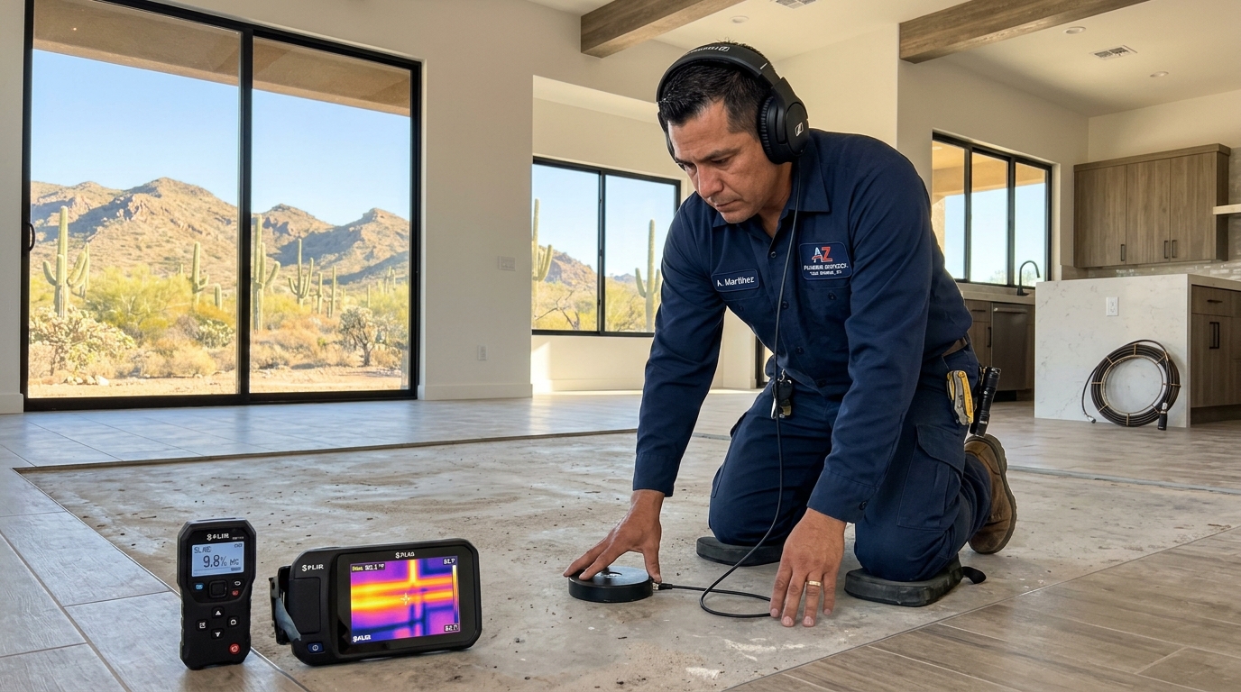 Plumber using acoustic leak detection equipment on concrete slab in Casa Grande home